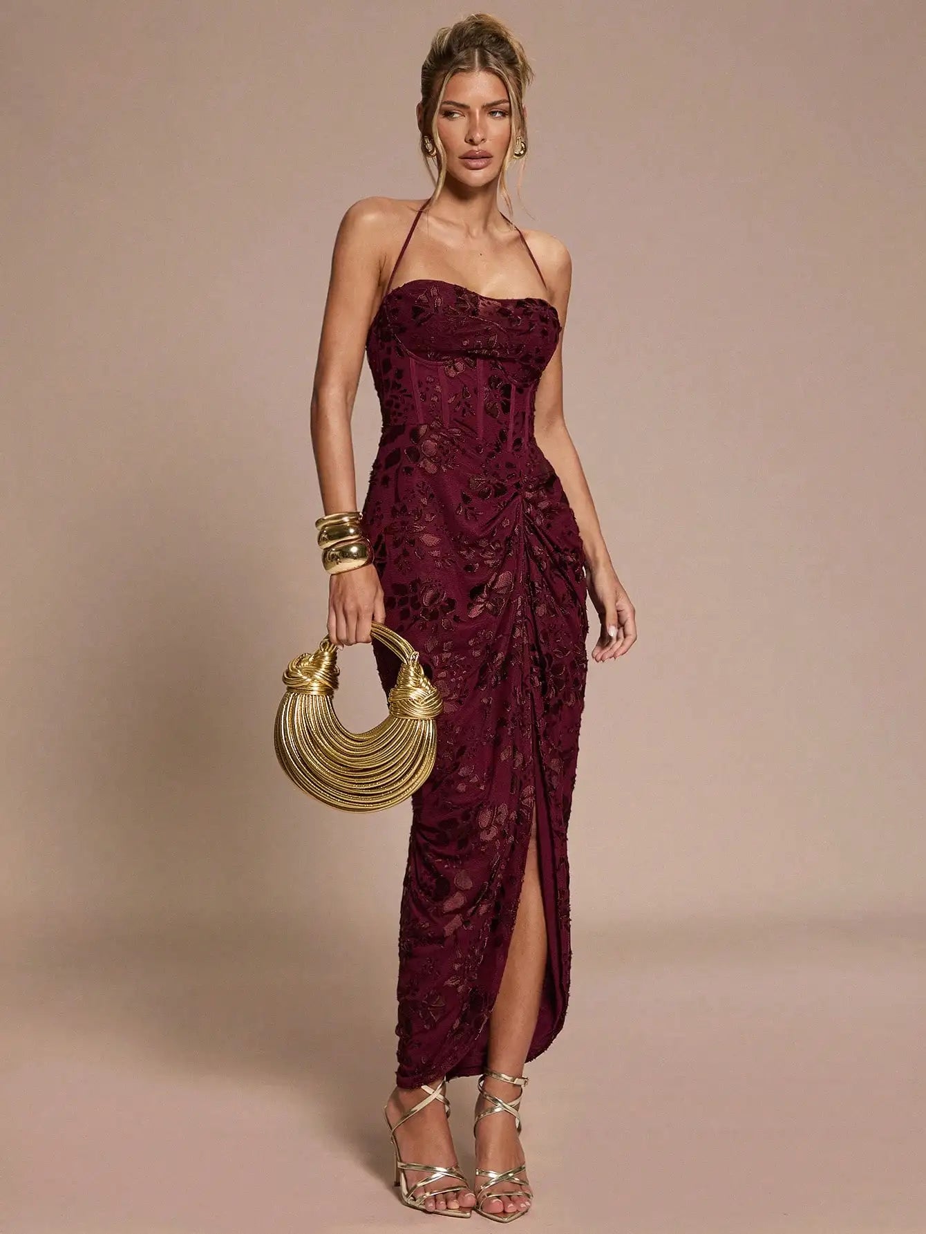 Lace Halter Slit Dress