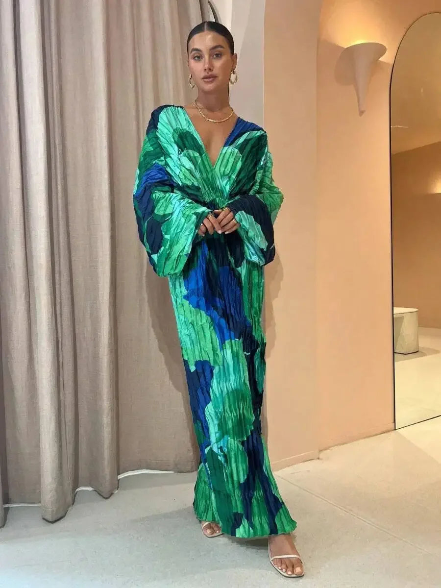 Pleated Print Maxi Dress