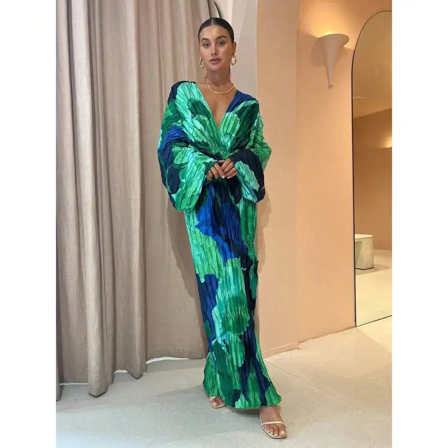 Pleated Print Maxi Dress
