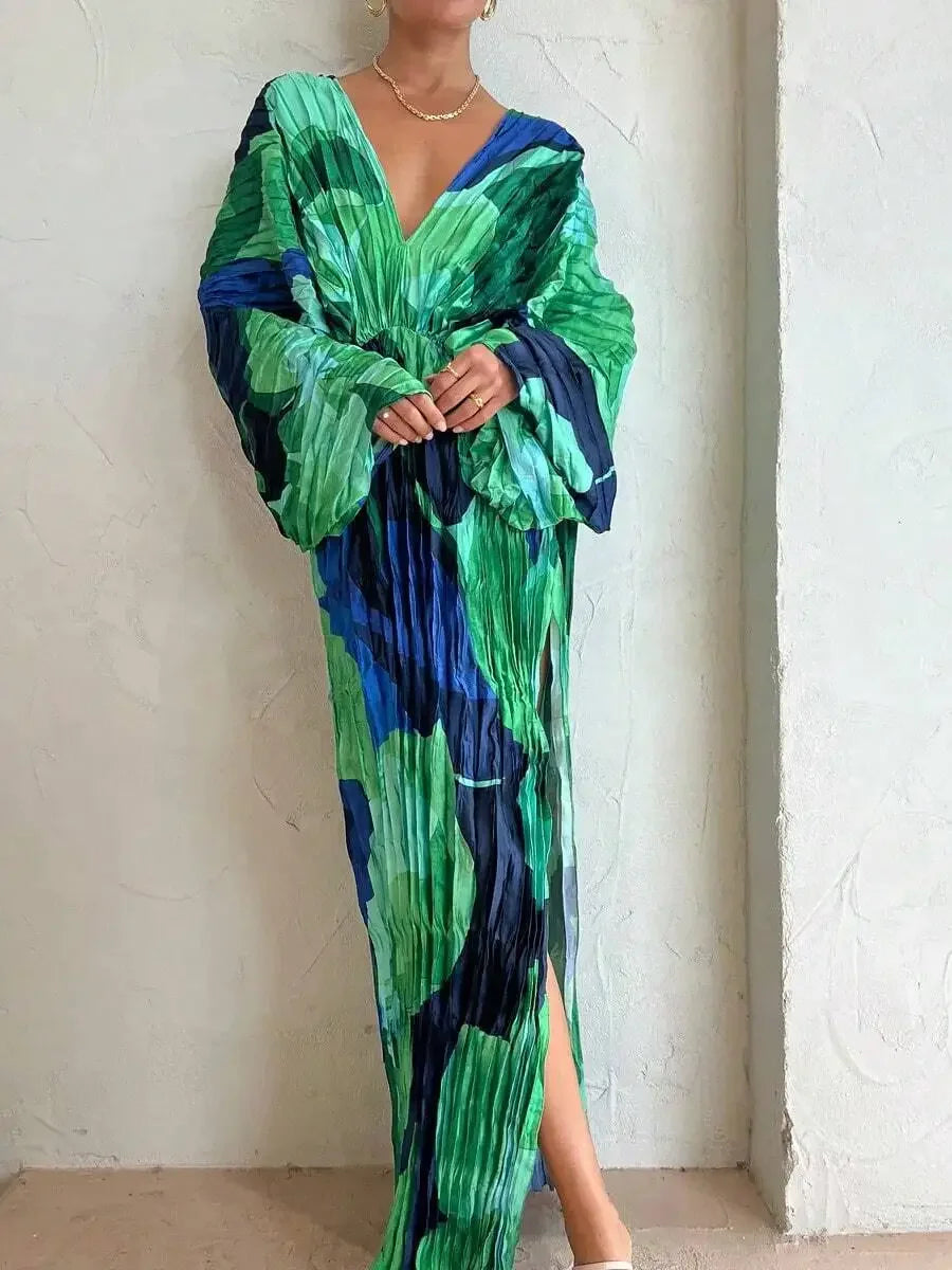 Pleated Print Maxi Dress
