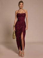 Lace Halter Slit Dress