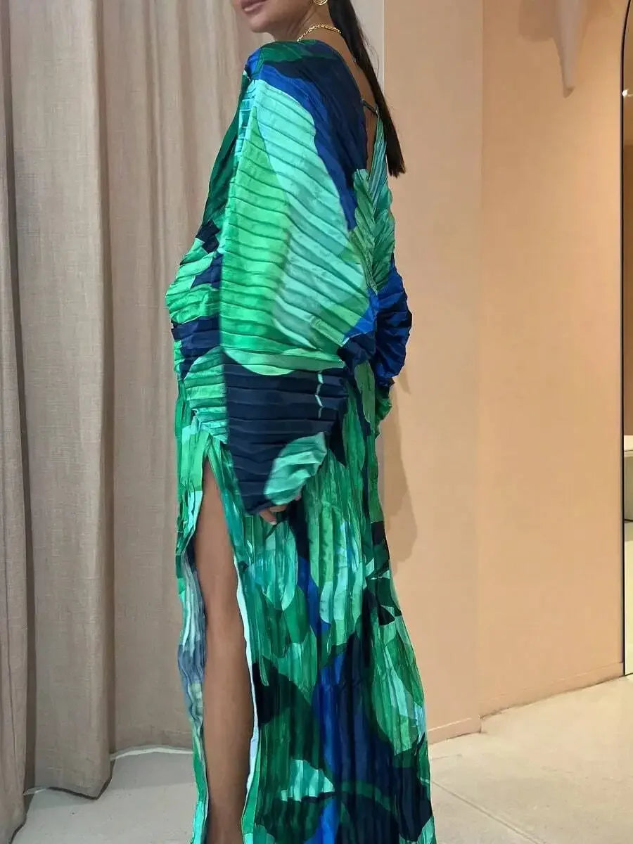 Pleated Print Maxi Dress